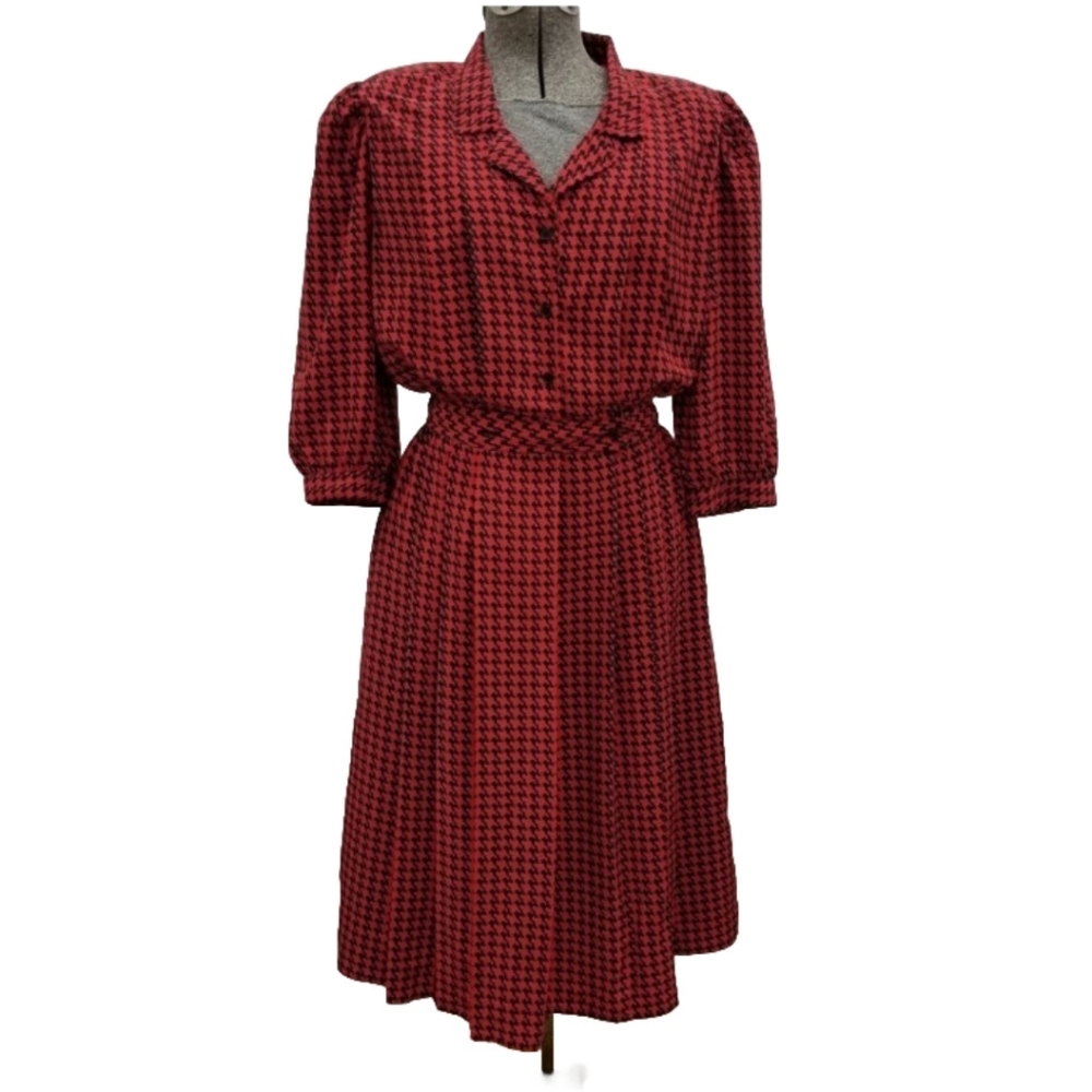 Vintage 80s Red Black Houndstooth Midi Dress Puff Sleeve Belted Secretary 1940s